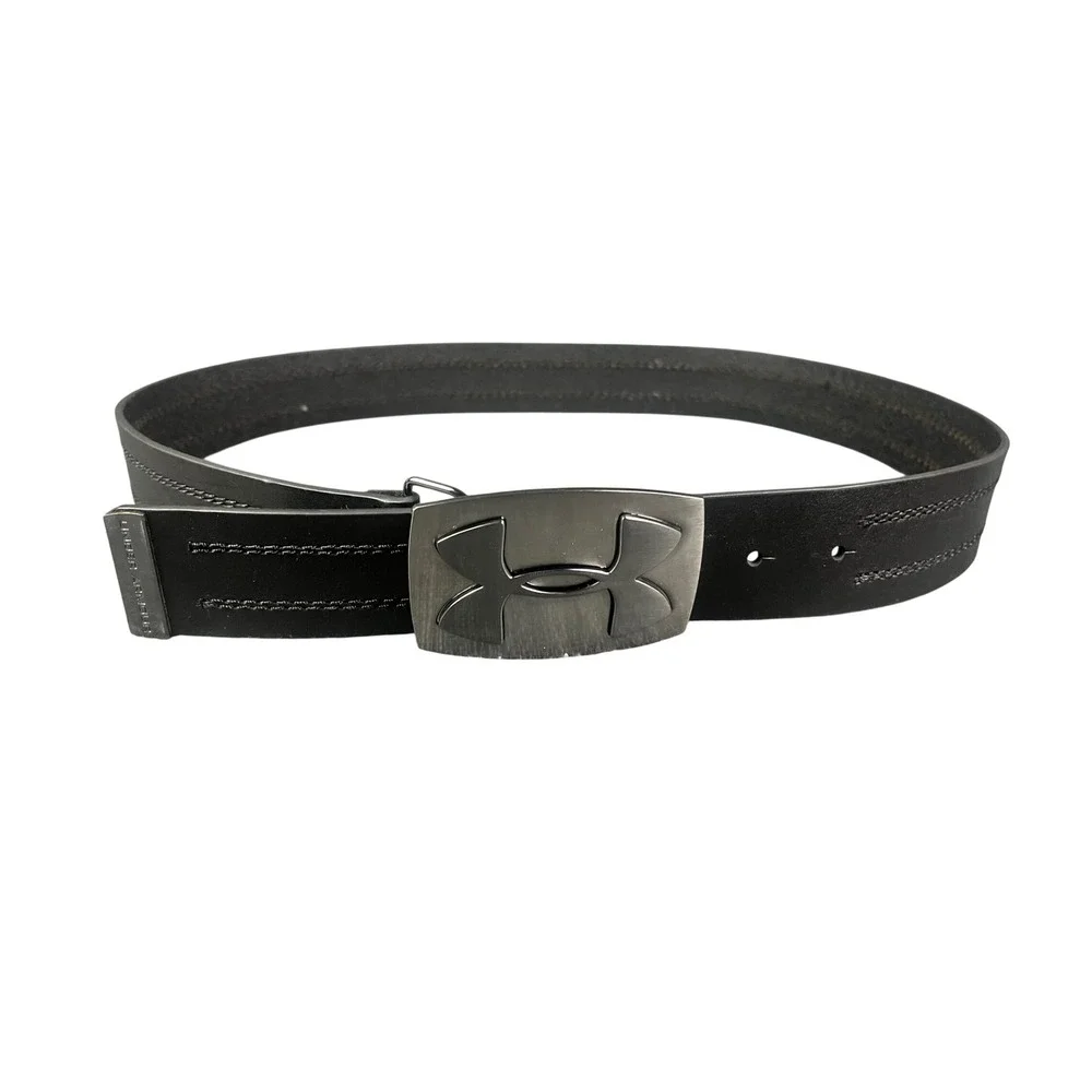 Under Armour Mens Black Leather Golf Belt Size 34 Gunmetal Plaque Buckle